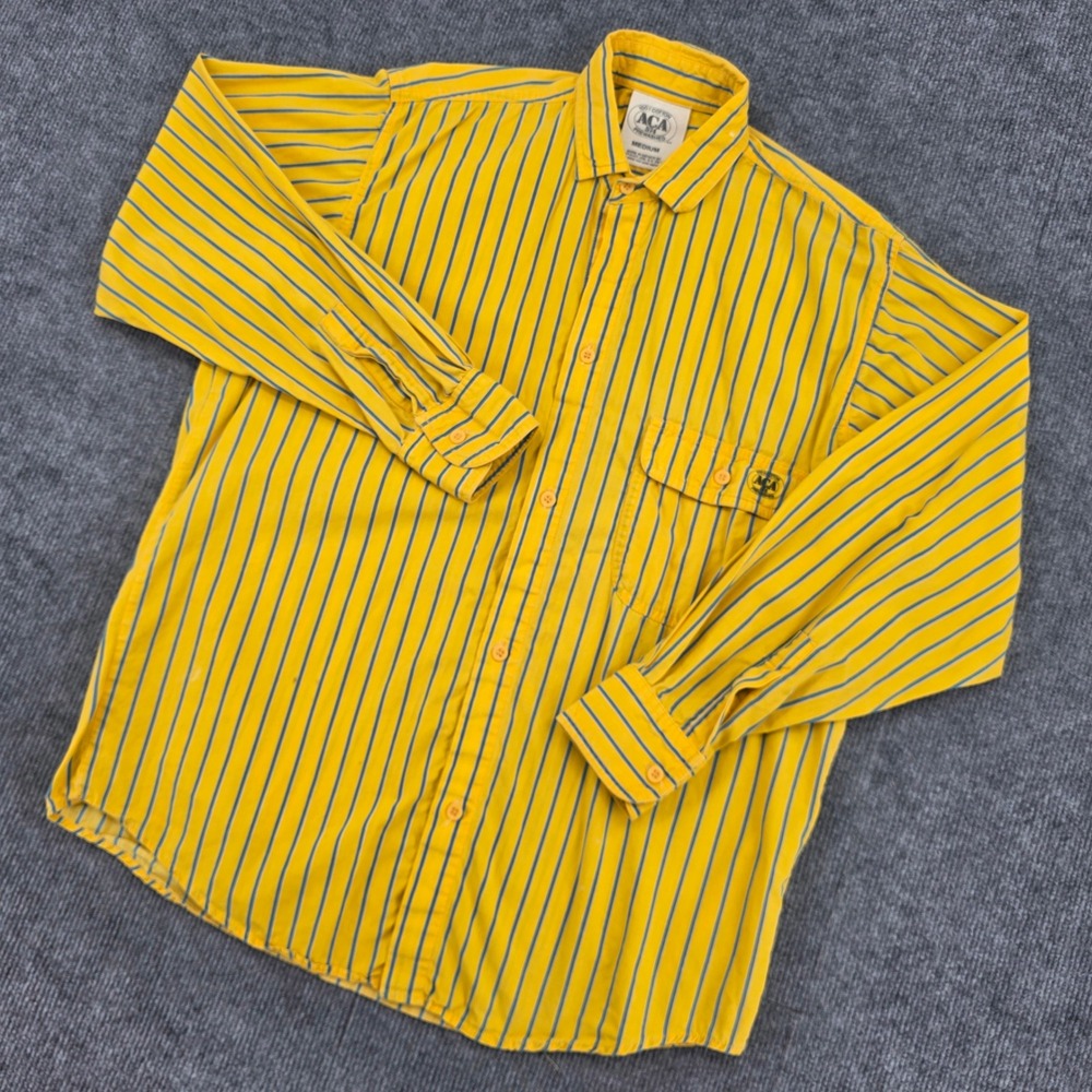 ACA Joe 574 Mens Medium Yellow Blue Striped Long Sleeve Button Down Cotton Shirt
